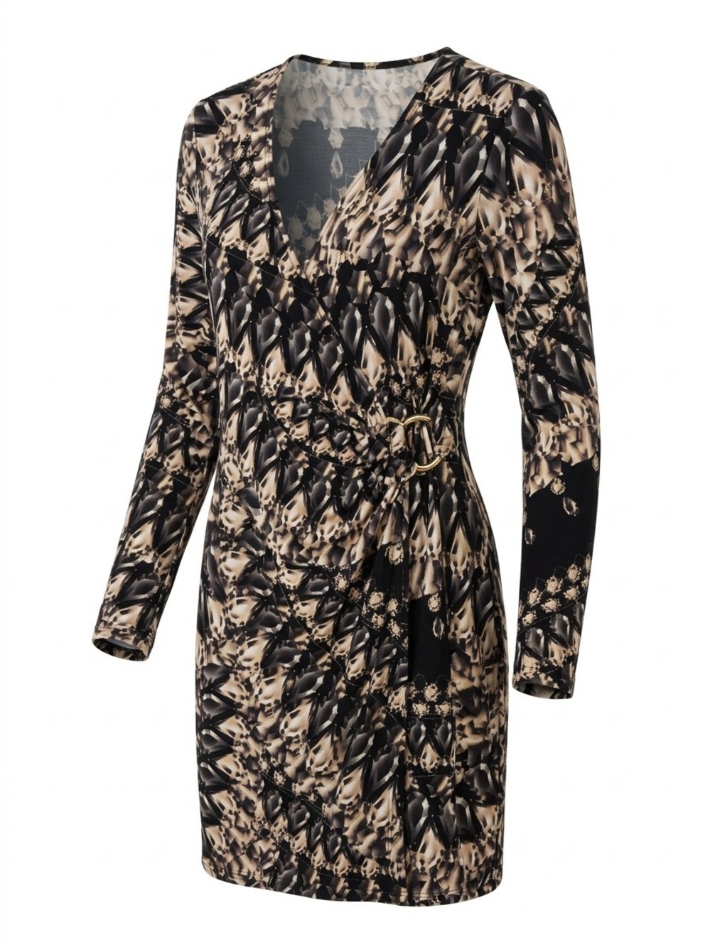 Boston Proper Black and Cream Long-Sleeve Faux Wrap Dress Bodycon Medium